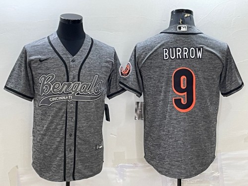 Men's Cincinnati Bengals #9 Joe Burrow Gray With Patch Cool Base Stitched Baseball Jersey